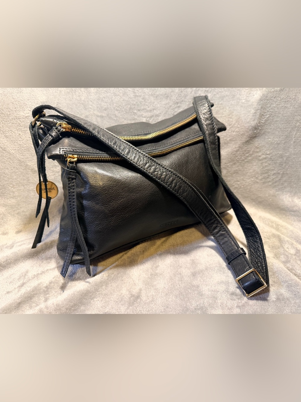 Margot Double Zip Black Supple Leather Crossbody w/ Brass Hardware - Picture 2 of 9